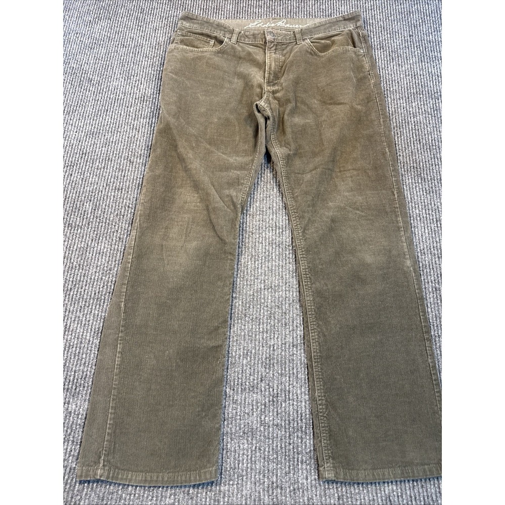 Eddie Bauer Corduroy Pants Men 35x31 khaki grn Pocket Straight Classic Casual